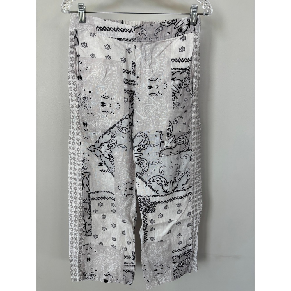 Johnny Was Workshop Bandana Patchwork Linen Pants White Black XS W66922-1